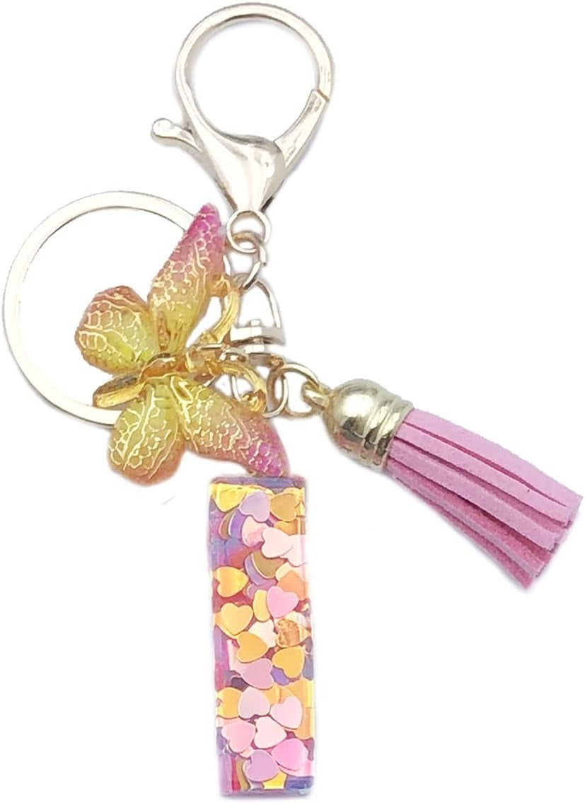 Keychain with letter 'I' charm, tassel, and butterfly
